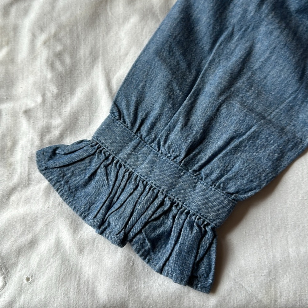 I Crew denim blouse with ruffled collar and sleeves. - Picture 2 of 5